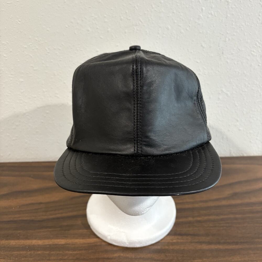 Vintage Genuine Leather Hat Cap Strapback Trucker Black Blank USA Made 90s